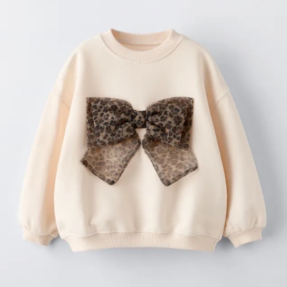 Zara Kids Girls Animal Print Bow Sweatshirt Size 1.5 Yrs Leopard Cheetah NWT